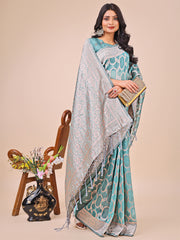 Elegant Sea Green Linen Cotton Saree with Silver Zari Border & Geometric Weave – Daily, Office & Festive Wear
