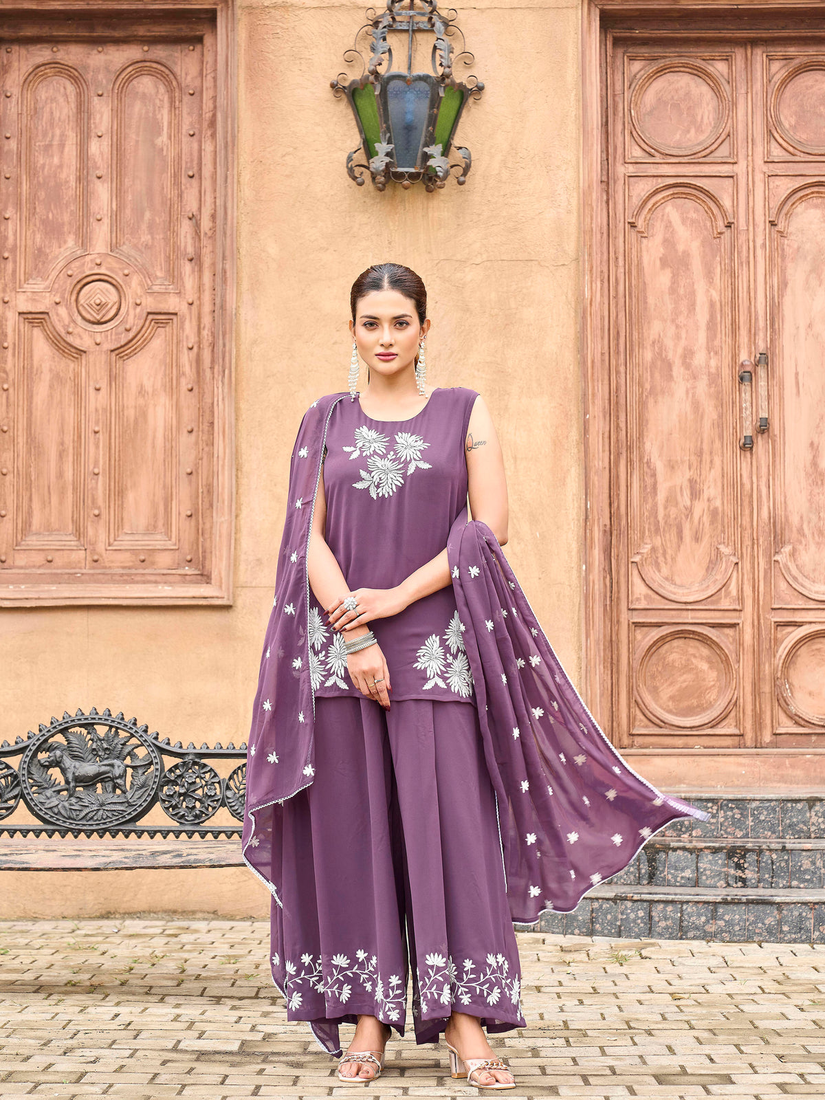 Mauve color georgette with off white thread embroidered kurta & palazzo with dupatta set 