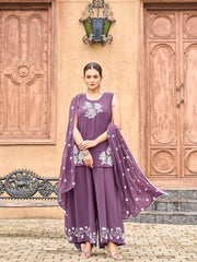 Mauve color georgette with off white thread embroidered kurta & palazzo with dupatta set 