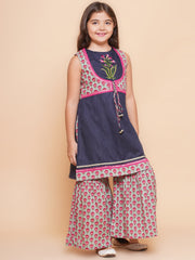 Girls Navy Blue Embroidered Jacket Style kurta with Sharara