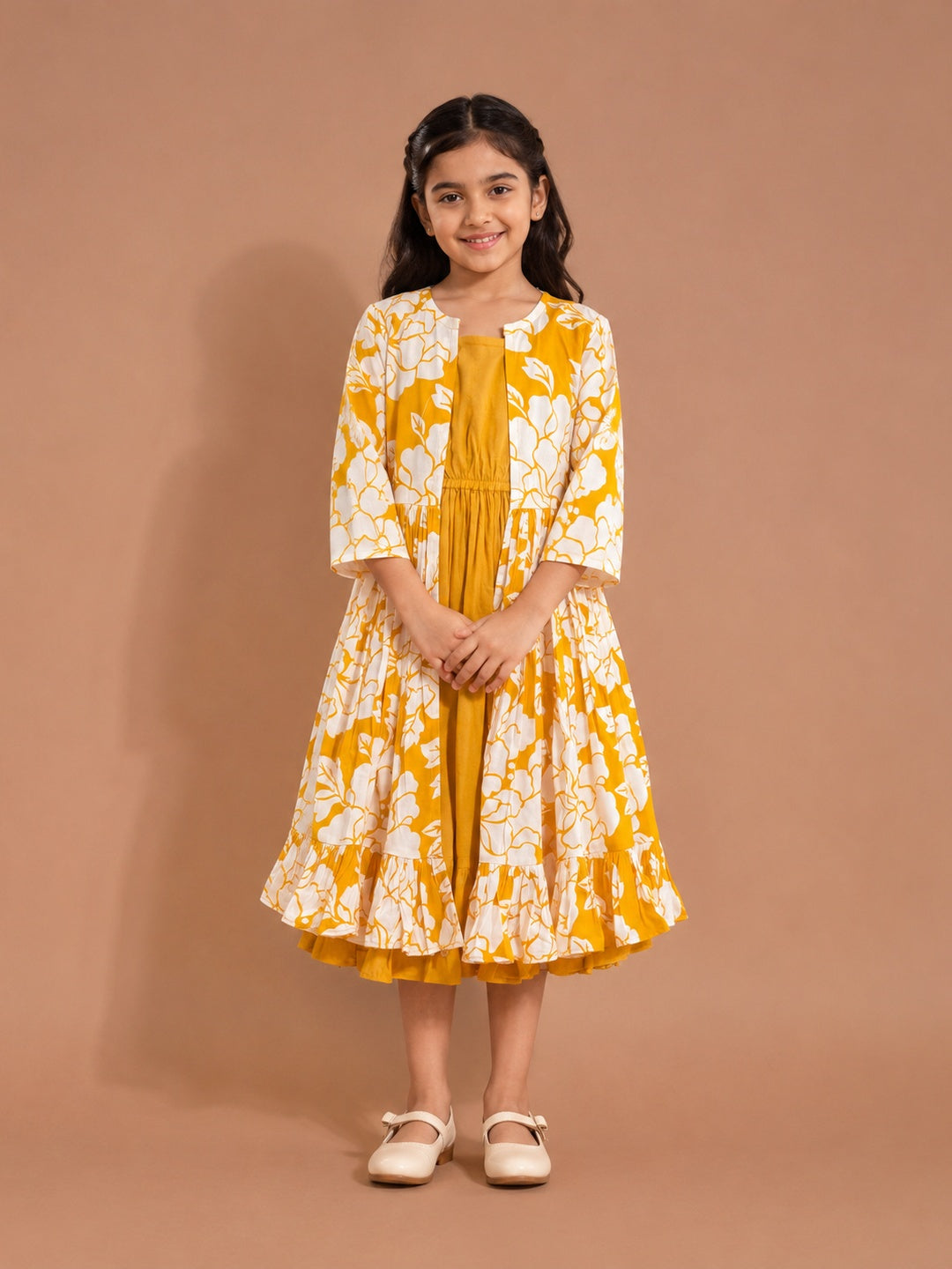 Yellow Floral Printed Midi Dress For Girls