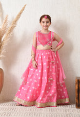 Girls Pretty Pink Embroidered Lehenga Choli Set with Net Dupatta