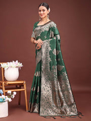 Emerald Banarasi Silk Saree with Zari Floral Work - Elegance Woven in Every Thread