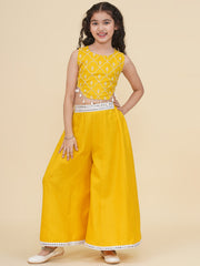 Placement Embroidered Sleeveless Above Knee Length Cotton Top With Palazzo - Yellow