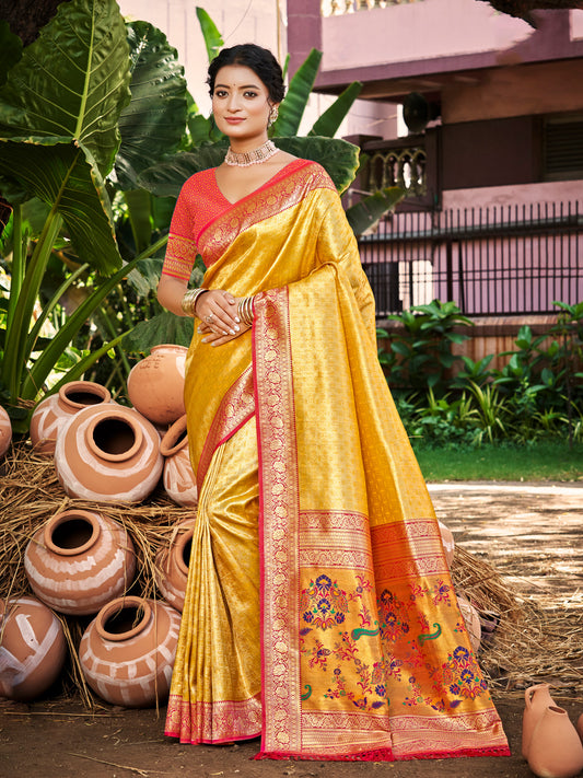 Kanjivaram Silk Saree for Women Yellow Wedding Wear with Red Blouse Rich Zari Woven Design Saree