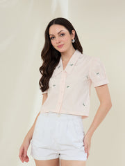 Women's Peach embroidered Shirt with Long Pointed Collar
