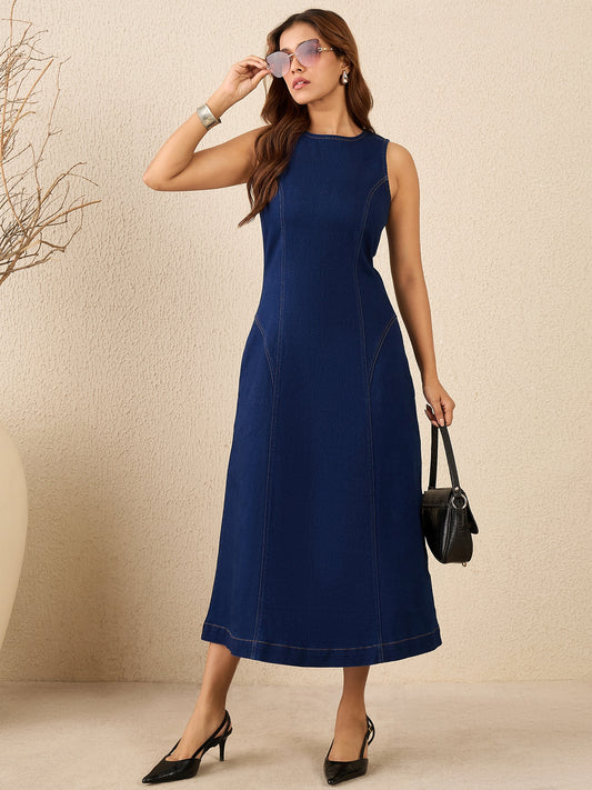 StyleStone Women's Denim Midi Dress with Pockets
