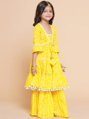 cotton Woven Three-Quarter Sleeves Bandani Print A Line Kurta And Sharara Set - Yellow