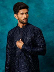 Vastramay-Men's Navy Blue Silk Blend Kurta