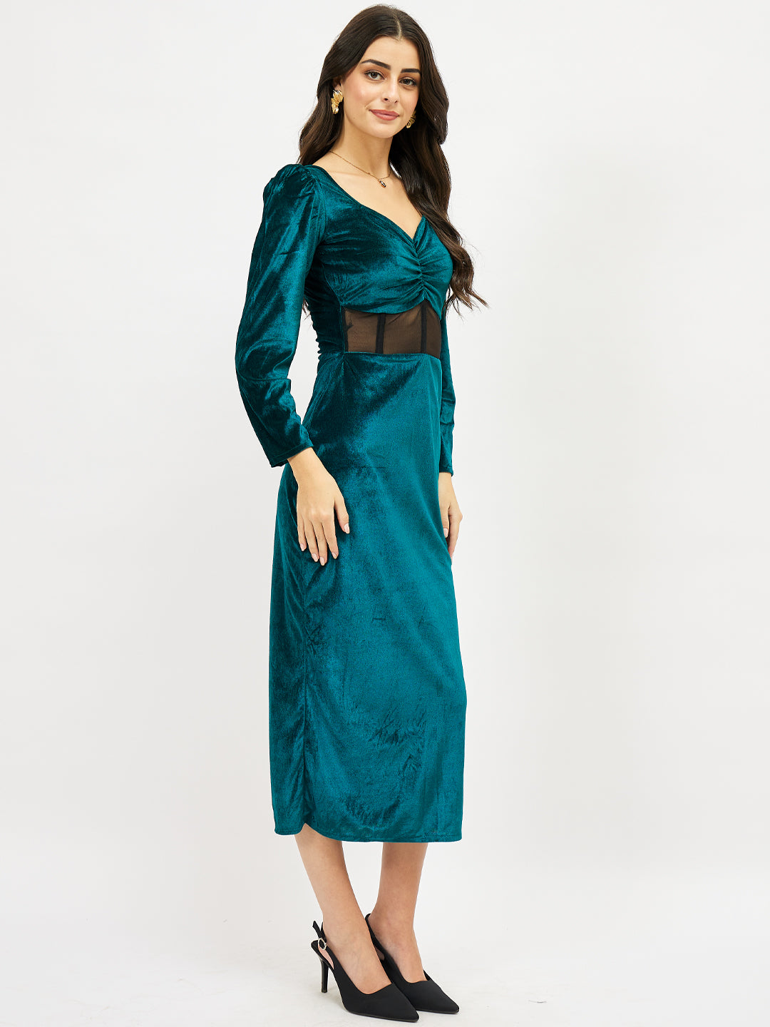 Puff Sleeve Velvet Sheath Midi Dress