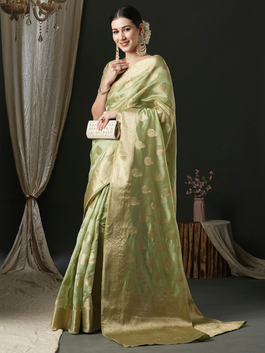 Women's Organza Light Green Woven Design Designer Saree With Blouse Piece