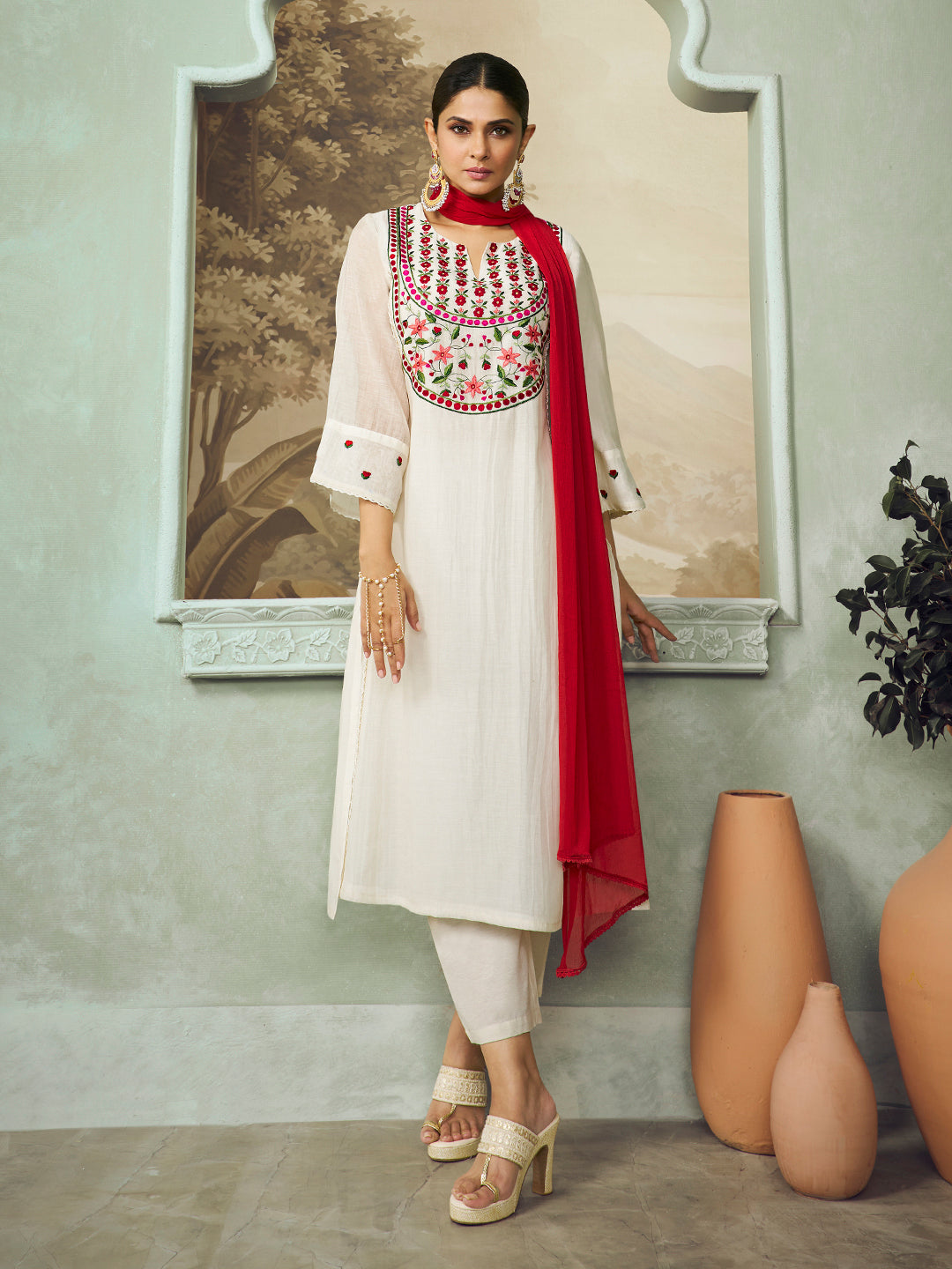 Off White Embroidered Yoke Straight Kurta Set With Dupatta.