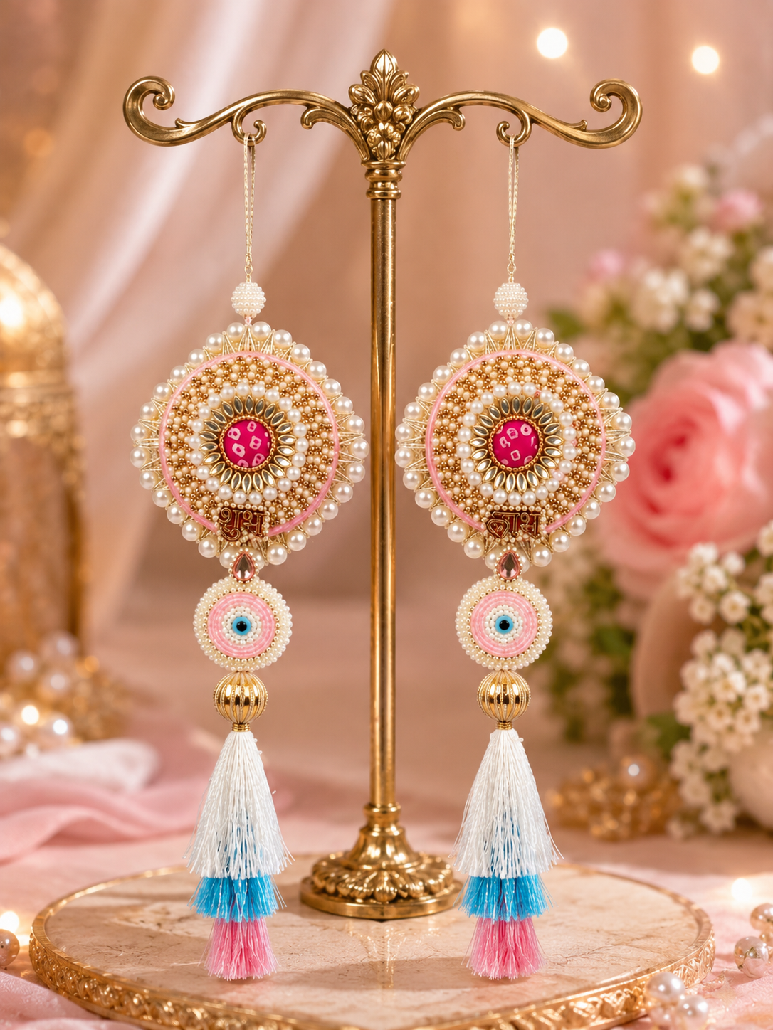Shubh Shringar Creations- Shubh Labh Designer Hanging Set, Pastel Pink & Blue, Premium Beads & Kundan, Silk Tassels, 34 cm, Set of 2