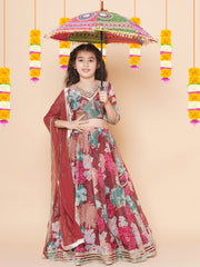 Girls Maroon Digital Multi Flower Printed Choli Lehenga with Maroon Dupatta