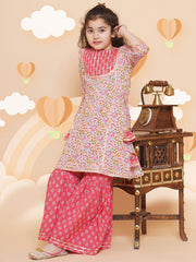 Placement Print Three-Fourth Sleeves Above Knee Length Cotton Kurta With Sharara - Pink