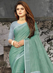 Elegant Peach Woven Linen Saree with Contrast Zari Border & Tassels – Soft & Breathable Party Wear