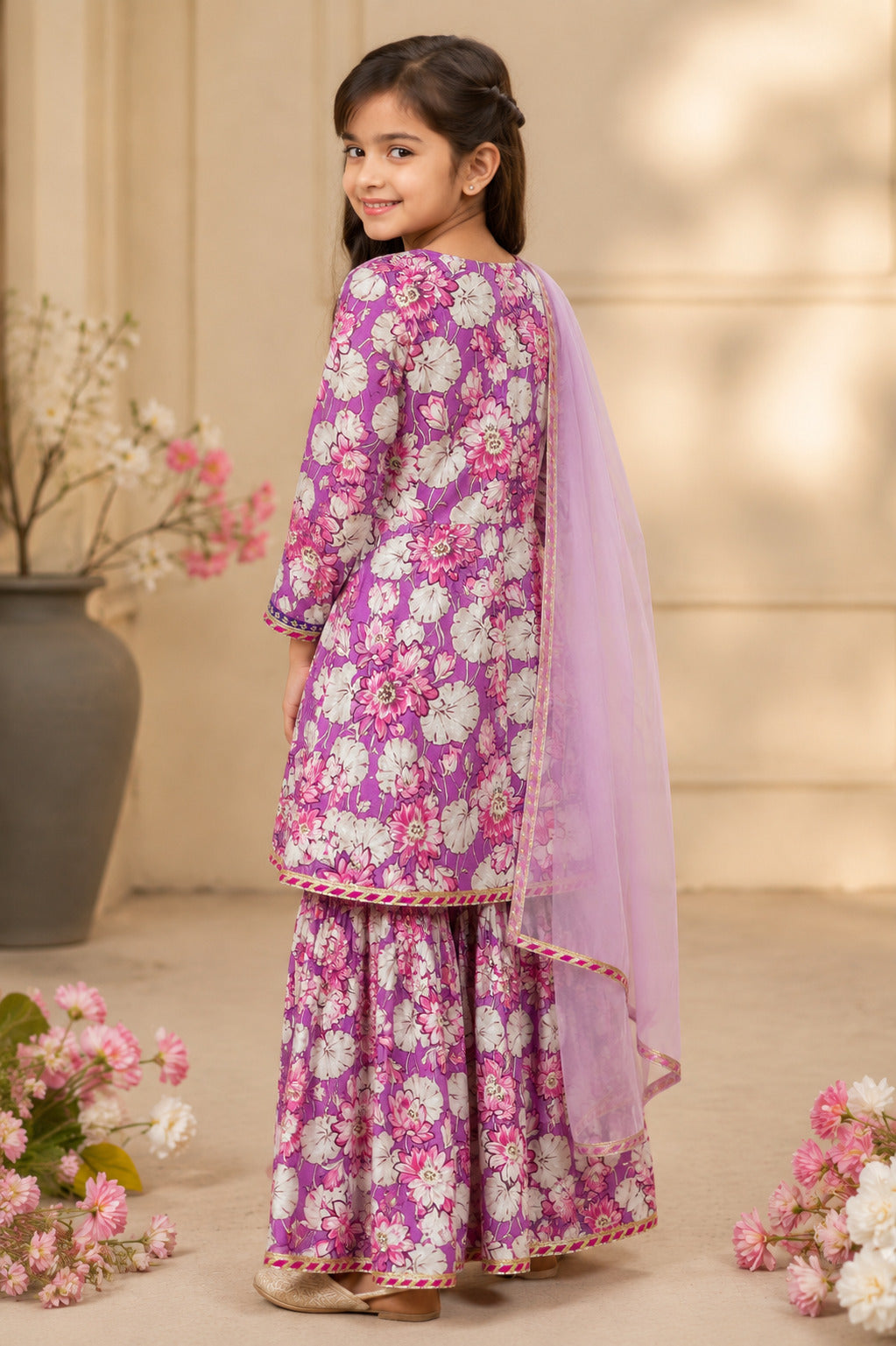 Girls Purple Floral Printed Kurta With Sharara And Pink Dupatta