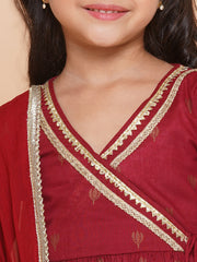 Girls Maroon Ethnic Motifs Printed Angrakha Gotta Patti Kurta With Sharara & Dupatta