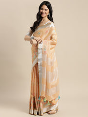 Royal Beige Linen Cotton Saree with Vibrant Floral Zari Border | Premium Festive & Party Collection