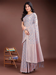 Elegant Peach Pink Linen Cotton Saree for Women – Soft Lightweight Saree with Subtle Self-Weave & Tassel Pallu