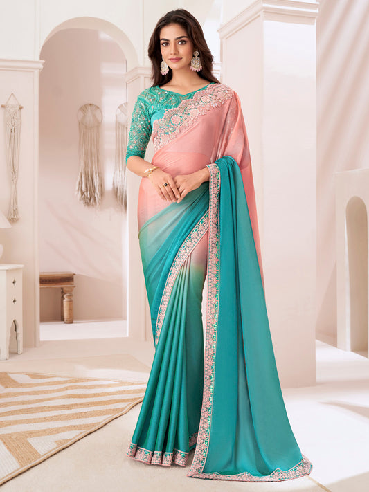 Naari - Women's Pure Chiffon Peach Embellished Designer Saree With Blouse Piece