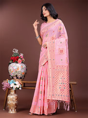 Elegant Sky Blue Linen Saree with Intricate Woven Patterns – Lightweight Grace for Everyday and Festive Moments