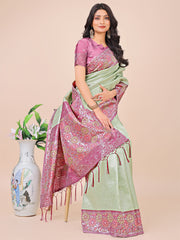 Premium Pink & Sky Blue Floral Woven Lichi Silk Saree with Rich Pallu & Tassels – Festive & Party Wear for Women