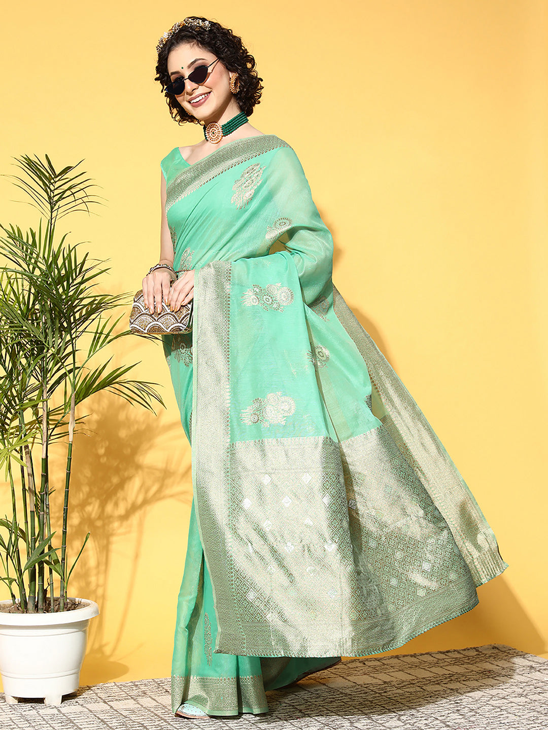 Women's Cotton Blend Turquoise WovenDesign CelebritySaree With Blouse Piece