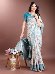Graceful Cream & Pink Linen Cotton Saree with Rich Zari Pallu – A Touch of Royal Comfort