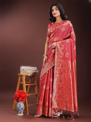 Teal Blue Linen Cotton Saree with Woven Geometric Zari Motifs – Elegant Festive Wear for Women
