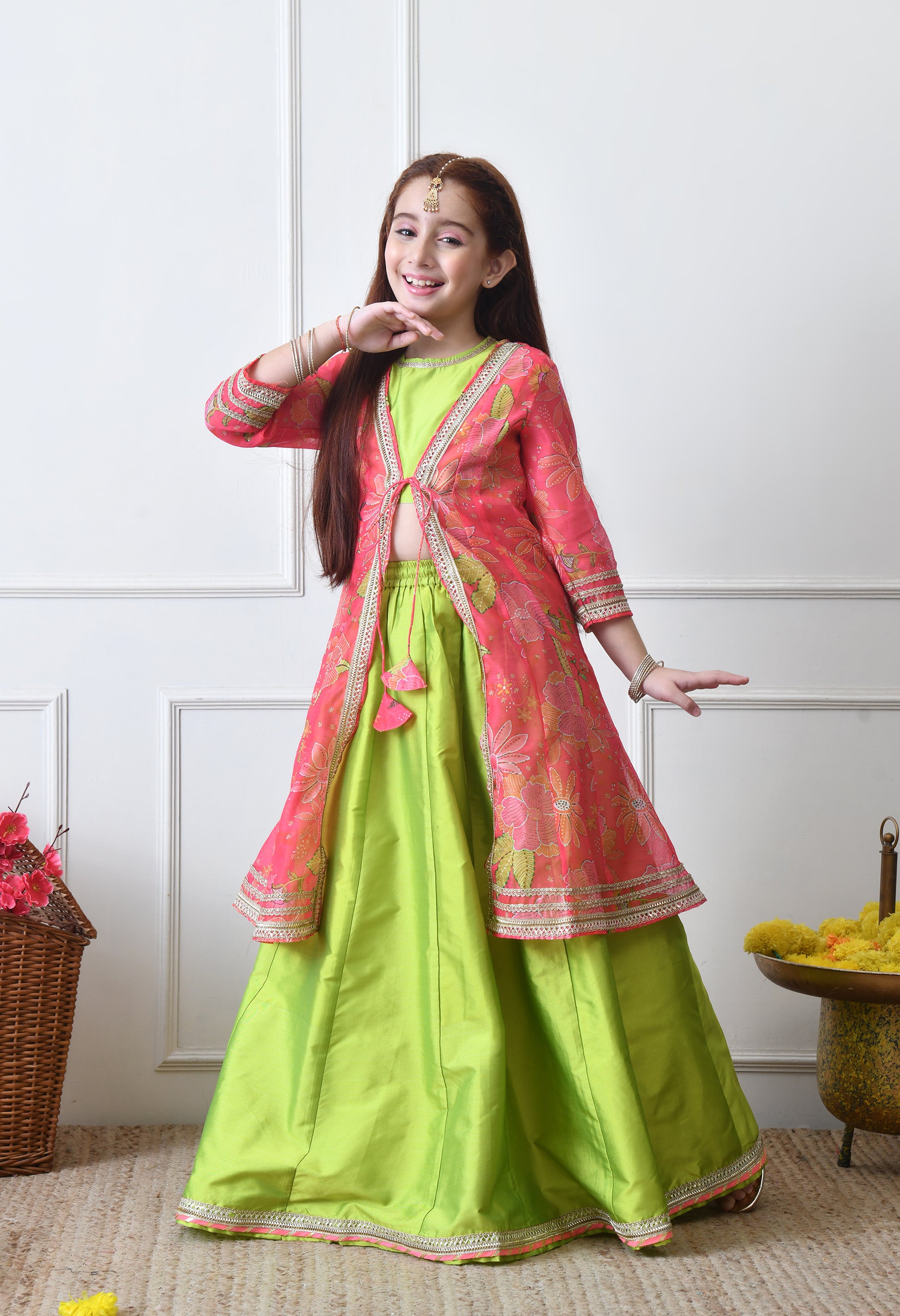 Girls’ Lime Green Lehenga with Coral Pink Floral Jacket Set