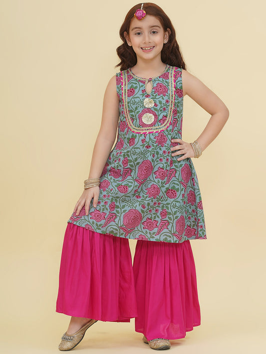 Girls Blue Floral Printed Kurta with Sharara