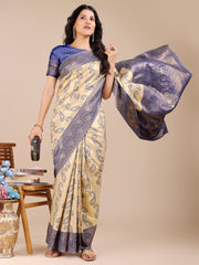 Graceful Cream and Navy Blue Silk Saree – Traditional Elegance with Royal Charm
