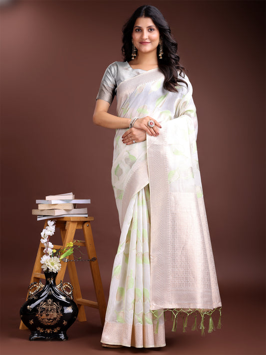 Elegant White & Light Green Leaf Print Cotton Saree for Women with Zari Border & Tassels – Soft & Lightweight Daily Wear Saree
