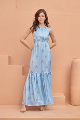 Light Blue Tiered Fit Satin Maxi Dress