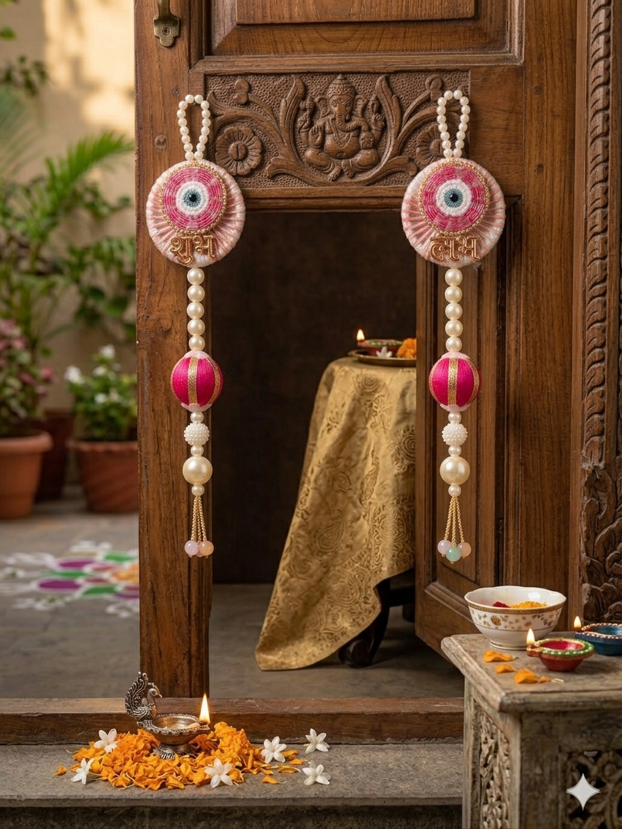 Shubh Shringar Creations Shubh Laabh Door Hanging, Pink, Premium Beads with Pearls and Metal Texture, 25 x 5 cm (Smalll Size), 1 Pair