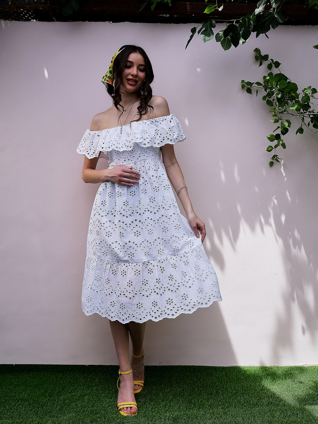 White Self Design Off-Shoulder Schiffli Flutter Sleeves Cotton Fit and Flare Dress