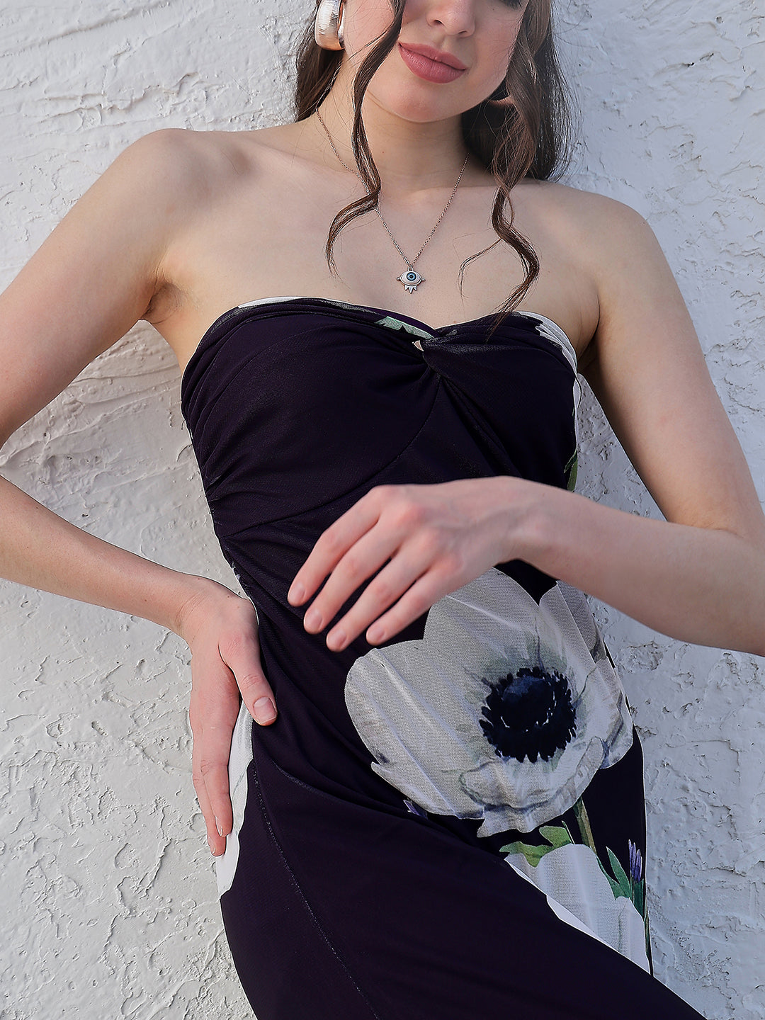 Black Floral Printed Strapless Maxi Dress