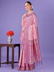 Cream & Green Lichi Silk Saree with Rich Woven Border and Zigzag Pattern – Wedding & Festive Wear