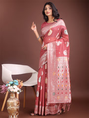Elegant Olive Green Linen Cotton Saree with Zari Border & Woven Motifs – Perfect for Sophisticated Everyday & Festive Looks