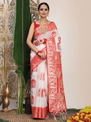 Premium Woven Linen Cotton Saree with Traditional Zari Border – Elegant Festive Look Perfect for Durga Puja, Navratri & Bengali Celebrations