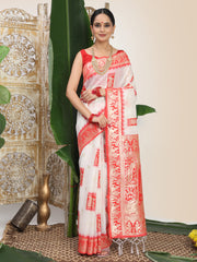 Premium Woven Linen Cotton Saree with Traditional Zari Border – Elegant Festive Look Perfect for Durga Puja, Navratri & Bengali Celebrations
