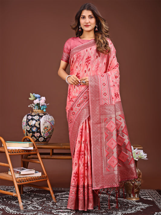 Radiant Peach Linen Cotton Patola Saree – Where Tradition Dances with Elegance