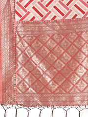 Elegant Pink & Cream Linen Saree with Geometric Design and Zari Border – Festive & Party Wear