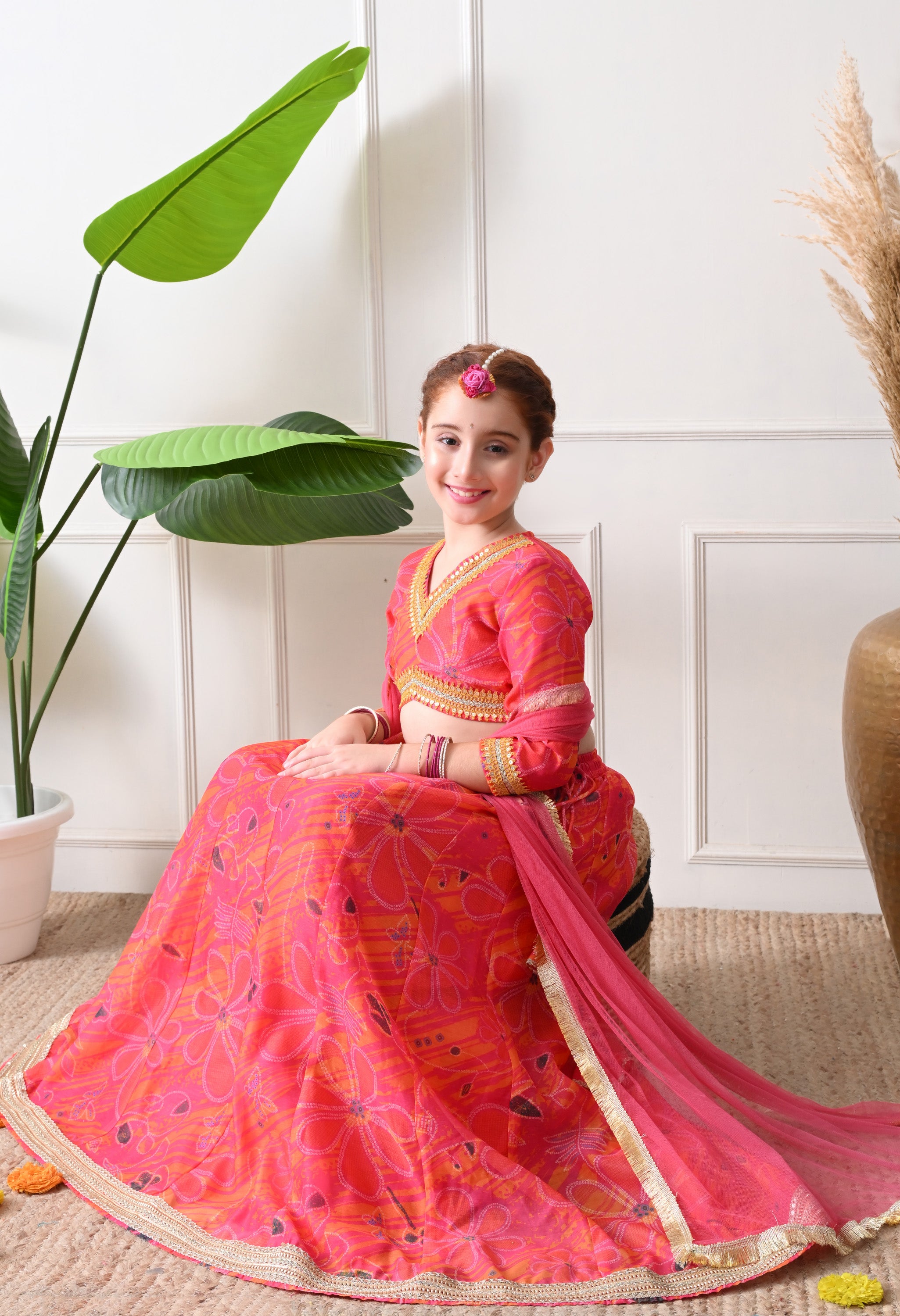 Girls Pink Printed Lehenga Choli Set with Dupatta Festive Ethnic Wear