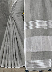 Elegant Peach Woven Linen Saree with Contrast Zari Border & Tassels – Soft & Breathable Party Wear