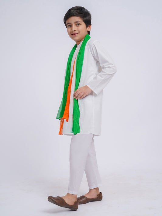 Men's White Cotton Kurta And Pyjama And Dupatta Set