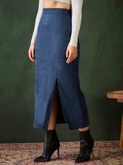 Women's Blue Suede Skirt with Side Slit
