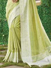 Linen Cotton Saree with Intricate Woven Border & Contrast Pallu | Soft Lightweight Traditional Drape | Tassel Edge | Unstitched Blouse Piece