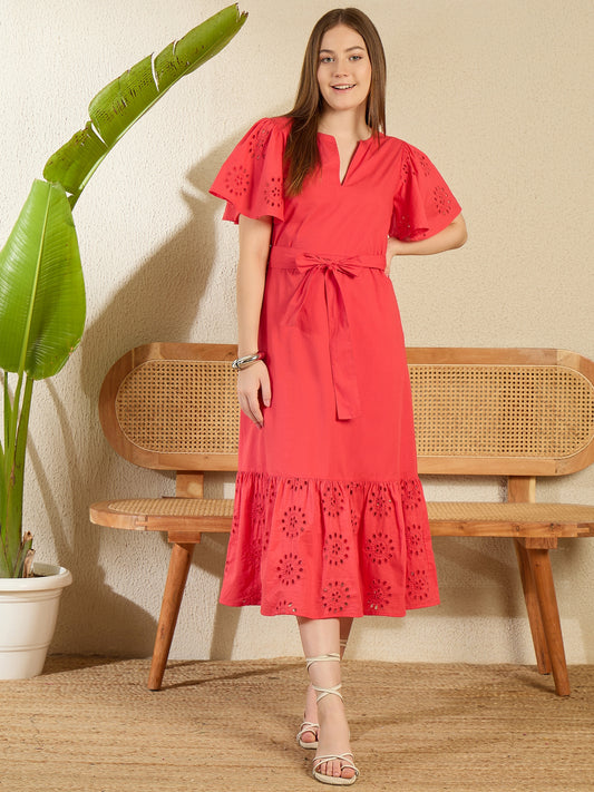 Women's Red Cotton Schiffli Maxi Dress